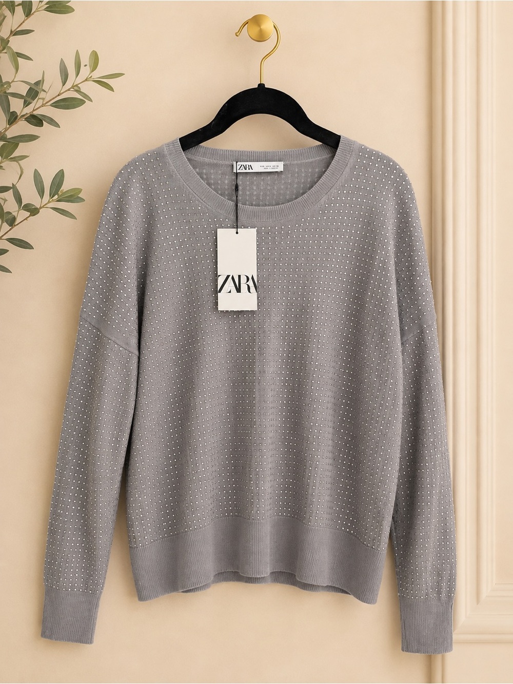 ZARA Light Gray Studded Women Crewneck Sweater ✨